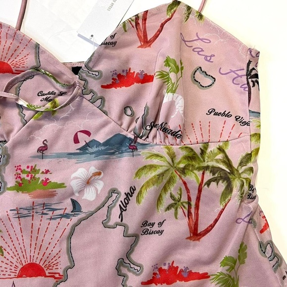 NWT Urban Outfitters Elodie Mesh Mini Dress in Pink Vacation Print - Picture 3 of 4